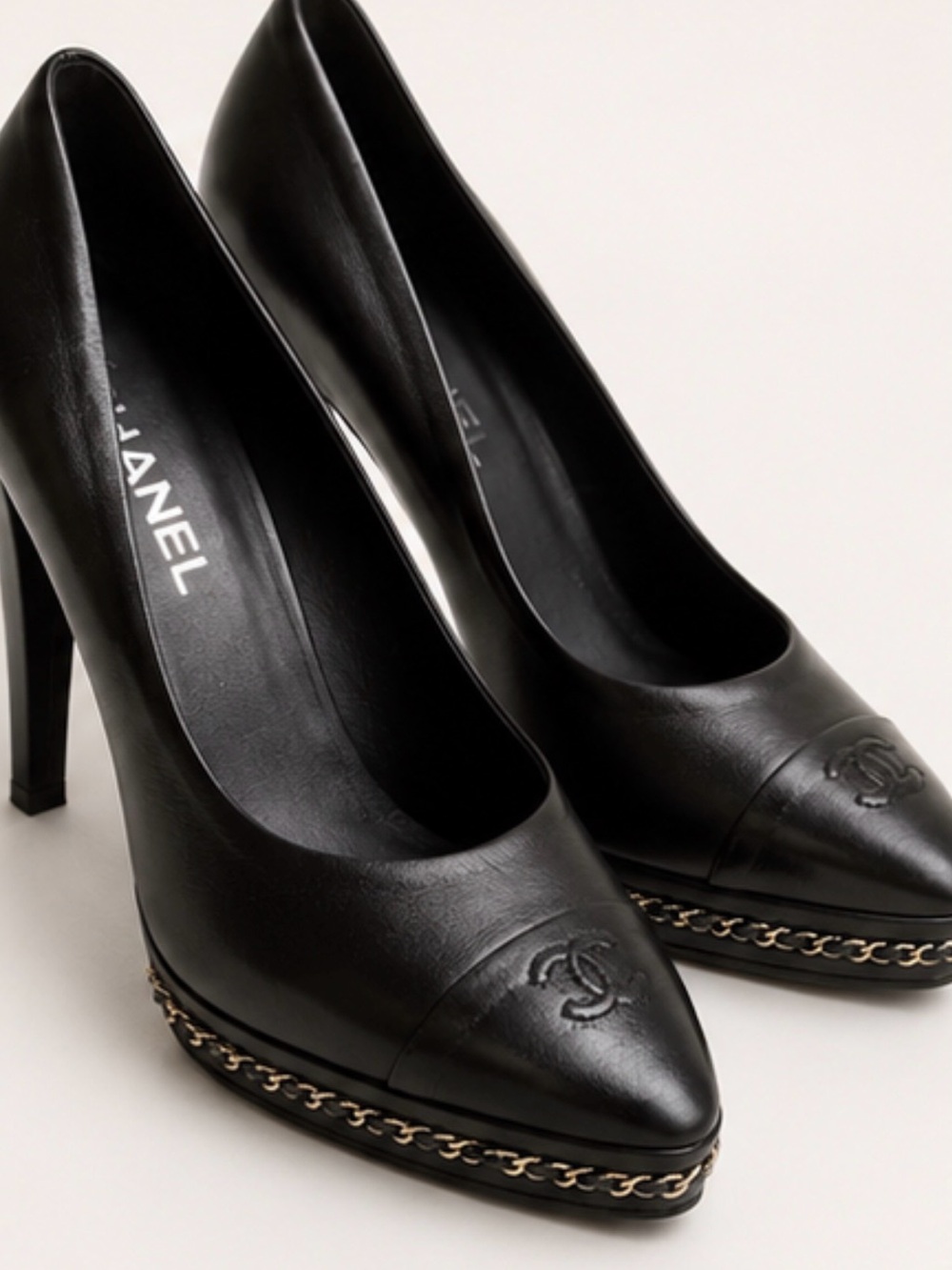 CHANEL Black Leather Pointed Toe Heels with Gold Chain Trim